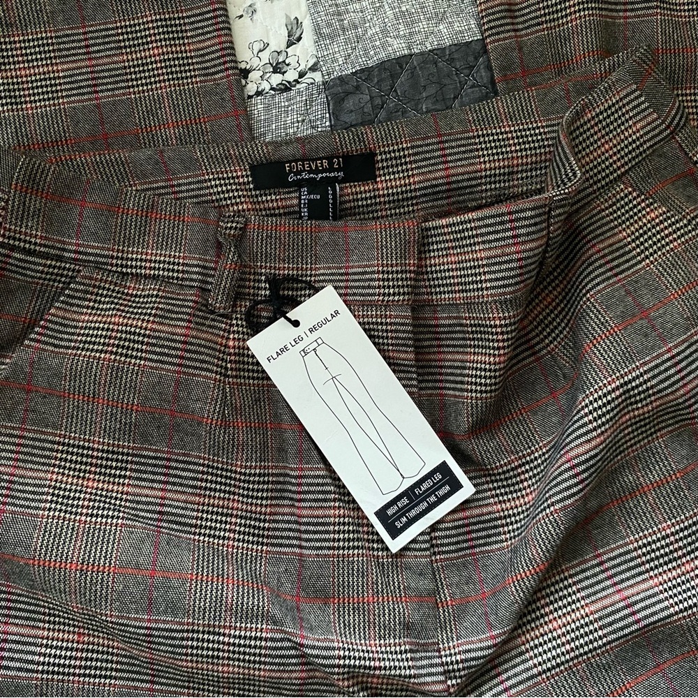 forever 21 brown red check pattern trousers slacks office wear — size large